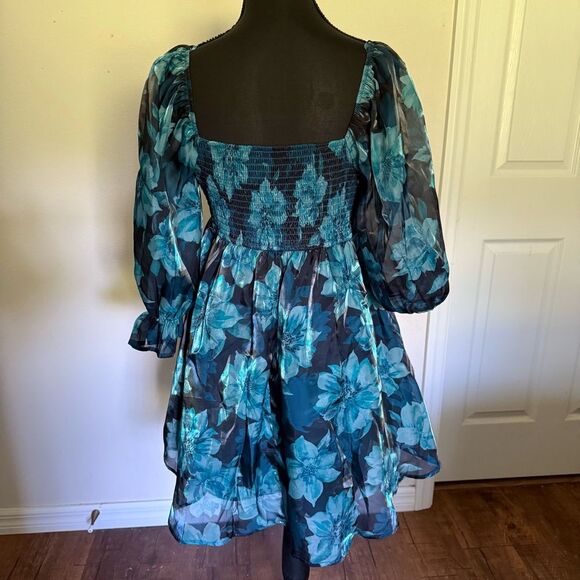 Thirty Thirty Blue Floral Babydoll Sheer Dress 3/4 Sleeve M - Picture 6 of 7